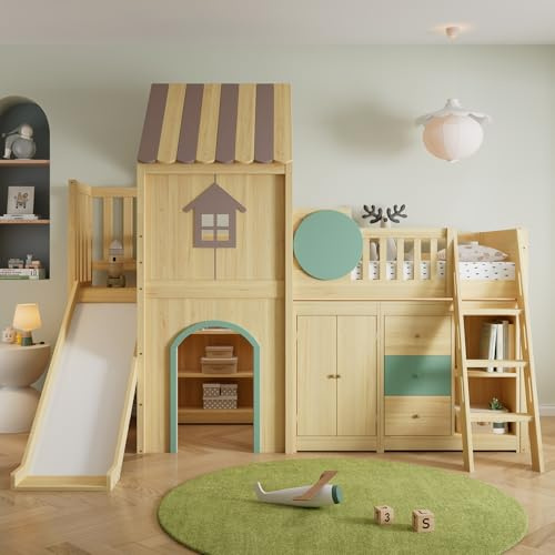 MOHUANG Letto a soppalco con scivolo, letto a castello, letto per bambini, design a casa, scala a tre livelli, con ripiani, cassettiera, armadio, pino + MDF, naturale + verde, 90 x 200 cm