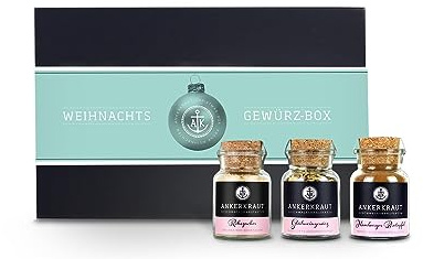 Ankerkraut Geschenk-Set Weihnachten Türkis, mit den Gewürzen Glühwein, Hamburger Bratapfel und Roh-Rohrzucker im Korkenglas, Süße Gewürze zum Trinken und Essen in hochwertiger Deluxe-Box mit Banderole