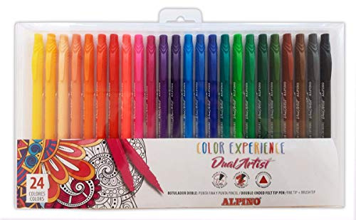 Rotuladores Doble Punta Alpino Color Experience - Estuche rotuladores de 24 Unidades - Rotuladores para Mandalas y Lettering - Punta Fine Liner 0,7mm, Punta Pincel 2,9mm, Forma Triangular, Ergonomico