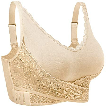 iClosam Womens Sports Bra Front Cross Side Buckle Push Up Bra Sexy V-Neck Lace Bralette Wireless Yoga Running Lounge Bra with Removable Pads M-XXXL Nude