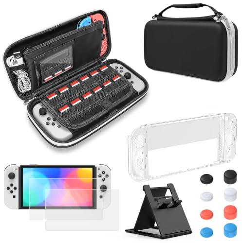 Switch OLED Tasche & Schutzhülle Zubehör Bundle, Schwarz | (Nicht für Switch 1/2) FYOUNG 4-in-1 Bundle: Reise-Tragetasche, Hülle, Displayschutz & Joystick-Kappen für Switch OLED