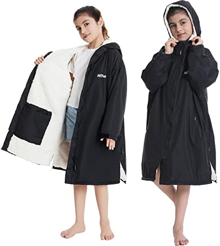 Hiturbo Warm Kids Swim Parka: Waterproof Changing Robe - Oversize Swimming Coat - Hooded Surf Poncho - Sherpa Fleece Lining (Black)