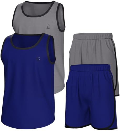 Essenclo pojkar kläder set, atletisk rund hals ärmlös t-shirt och pojkar korta set kläder med fickor 4 st - storlek 3-16, Set-6, 9-10