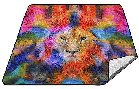 YOUJUNER Picknickdecke 200 x 200 cm Nebel Bunt Löwengesicht Große Picknickmatte Wasserdicht Stranddecke Tragbarer Outdoor Teppich Camping Matte