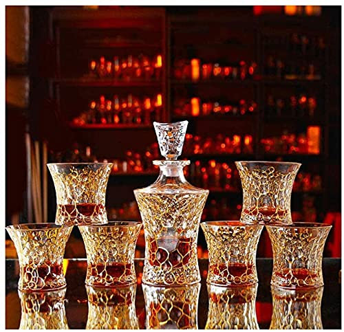 Carafe à whisky Carafe à vin Carafe à vin Ensemble de 7 pièces Carafe à whisky en cristal Or Cristal Verre Rétro Bouteille de vin étranger (C)