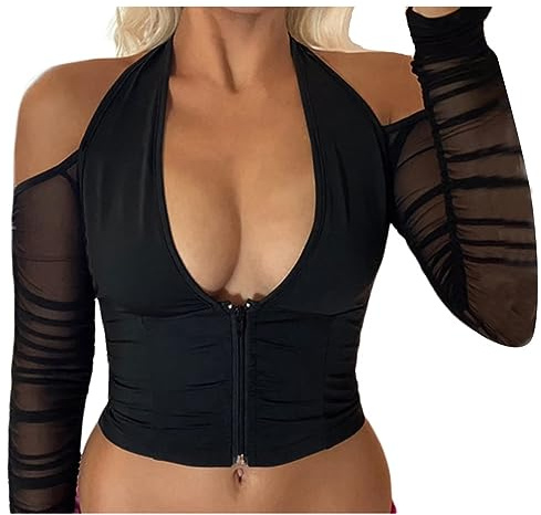 ORANDESIGNE T-Shirt Donna a Maniche Lunghe T2K Crop Top Irregolari Patchwork Collo Rotondo Halter Camis con Mezze Maniche Fuori Spalla Maglietta Harajuku E-Girl Streetwear R Nero M