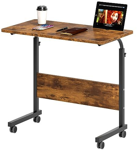 DlandHome 80 x 40 cm, tavolo da lavoro, tavolo per la colazione, regolabile in altezza con ruote, per ufficio, camera da letto, con slot per tablet, colore marrone