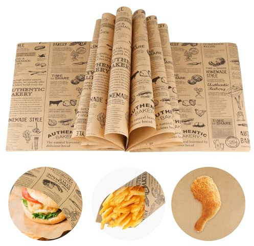 120 ark Deli-pappersblad livsmedelsförpackning 25 x 25 cm engångs fetttätt papper, pommes frites, ostpapper, vaxpapper för smörgåsar, pommes frites hamburgare tårtdekoration