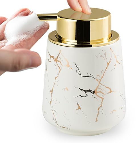 Niboow Céramique Mousse Distributeur de Savon, 380ML Motif Marbre avec Grande Tête de Pompe Distributeur de Salle de Bain, Rechargeable Shampoing, Lotion, Distributeur de Savon à Main, Blanc