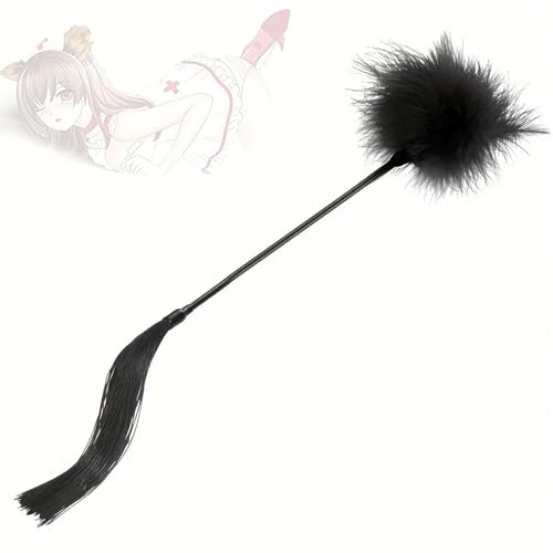 1 fouet en silicone avec plumes en cuir noir, accessoire de jeu de rôle