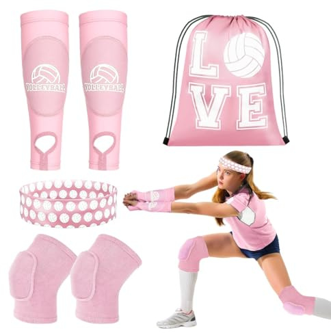 Gosodeny 6 Pcs Volleyball Knee Pad and Arm Sleeve Volleyball Accessories Kit Youth Volleyball Knee Pads Volleyball Arm Sleeves Protection Volleyball Headband Drawstring Bag for Women Men Adult