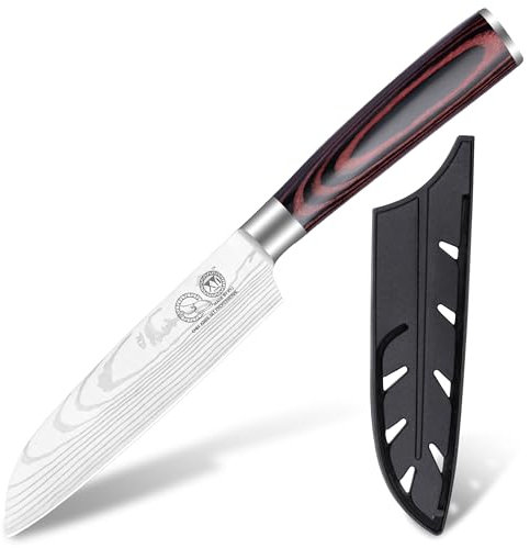 XYJ Authentic Since 1986,5 Inch Kitchen Knife, Stainless Steel Japanese Santoku Knife, Meat Cleaver for Meat Cutting,Pakka Wood Handle,Plastic Edge Guard Protector,Professional Chefs Knife