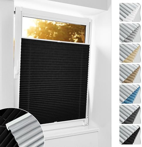 bobodeco Plissee ohne Bohren Verdunkelung Klemmfix, Schwarz 65x130 cm(BxH) Verdunklungsplissee Thermo Plissees 100% Verdunkelnd & lichtundurchlässig Plisseerollo für Fenster & Tür