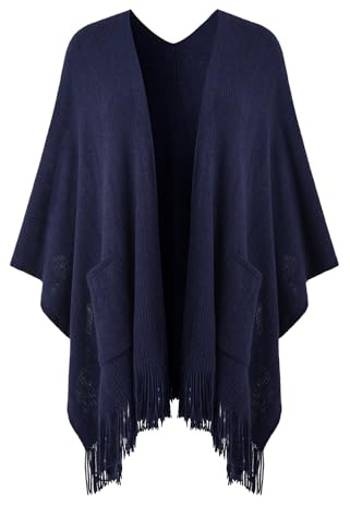 Ferand Poncho para mujer con frente abierto y bolsillos, capa de punto suave con flecos para otoño e invierno, azul marino, Talla única