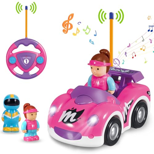 Pup Go Tecknad RC racerbil för barn 18 månader + med musik och ljus, 2 utbytbara dockor, första fjärrstyrda bilen för första barndomen, perfekt present till födelsedag eller jul, rosa
