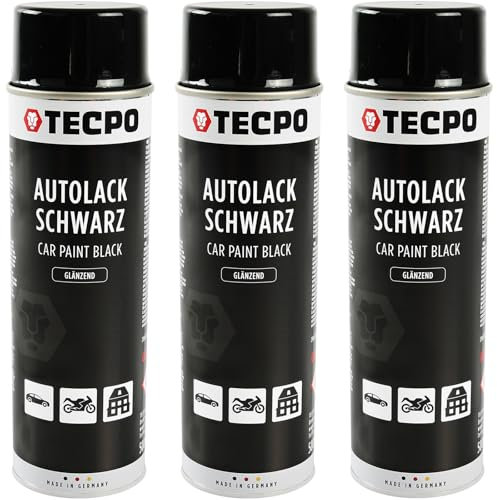 TECPO Lackspray schwarz glänzend, 3x500ml Autolack Rallyschwarz Sprühlack Farbspray mit hoher Deckkraft für Innen- und Außenbereich