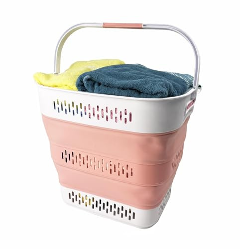 SAMMART 40L Zusammenklappbarer Wäschekorb aus Kunststoff mit Griffen – faltbarer Pop-Up-Aufbewahrungsbehälter/Organizer – tragbarer Wäschesammler – platzsparend (1, Grau/Quarzrosa)