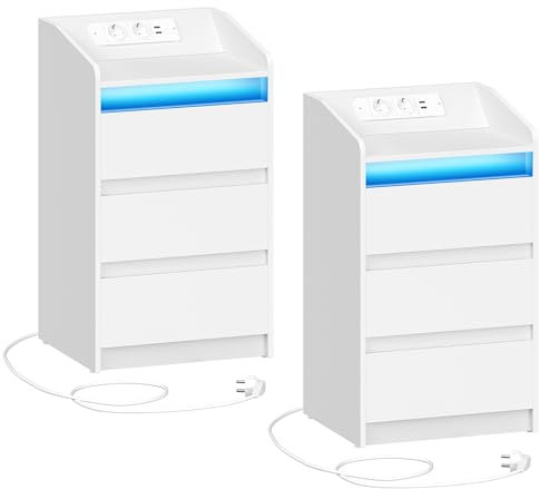 Hzuaneri Nachttisch 2er Set mit 3 Schubladen, Beistelltisch mit Ladestation und LED, 2 AC-Steckdosenund 2 USB-Anschlüsse für Schlafzimmer, Wohnzimmer, Weiß NS40103X