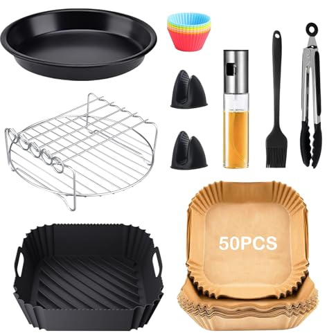 Accessoires Air Fryer pour COSORI 5,5L, Philips Airfryer 6,2L, comprenant Moule en Air Fryer Silicone & Papier Sulfurisé & Grille Pour Friteuse à Air & Moule à Pâtisserie, Sans BPA (14 pièces)