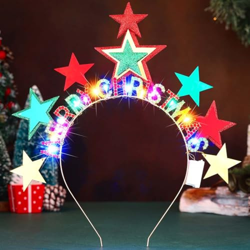 Reaky Jul upplyst pannband silver stjärna pannband strass jul hårband nyår hårtillbehör för kvinnor (röd, en storlek)