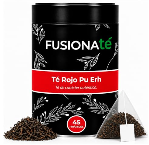 FUSIONATE Te Rojo Pu-Erh, Lata de 45 Pirámides bolsitas de té, Sabor Terroso, Cultivado en Yunnan China, Infusión Digestiva y Energizante