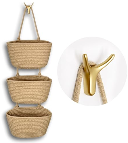 3-Tier Decorative Cotton Rope Hanging Basket, Wall-Mounted Woven Storage Organizer Bag, Jute