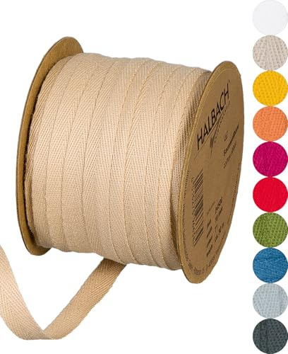 Halbach Baumwollband, 10 mm x 30 m, sand | Webband aus 100 % Baumwolle, Meterware zum Basteln, Dekorieren und Nähen
