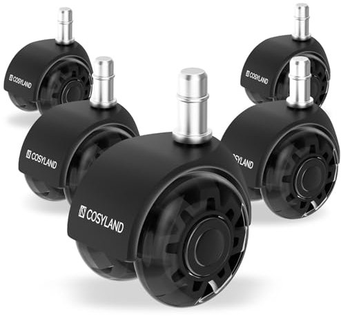 COSYLAND Set 5 Rotelle Doppie Nero Trasparente, Ruote sedia ufficio resistenti e silenziose, ruote per sedia ufficio per parquet, perfette per ufficio, 11X22MM