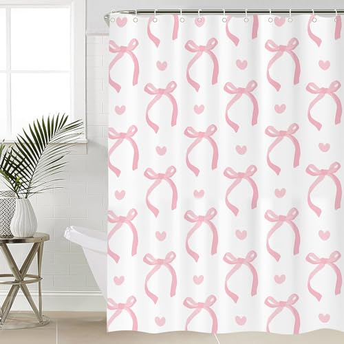 Komergave Cute Pink Bow Shower Curtain Quick Dry Polyester Heavy Duty Shower Curtain with 12 Hooks Bathroom Curtain for Wet Room Bathtub Shower Stall Washable 180 x 180 cm