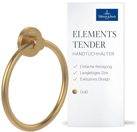 Villeroy & Boch Elements Tender Handtuchhalter, rund – Gold, gebürstet | Für die Wandmontage, Handtuchring aus Zink, 164 x 32 x 185 mm, TVA15100500076