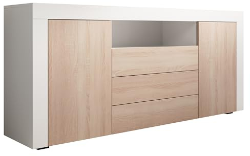 MB Muebles Bonitos | Aparador con Puertas y cajones Yanis para Salón Comedor Moderno | Melamina Mate | Color Blanco y Sonoma | 160x72x35 cm