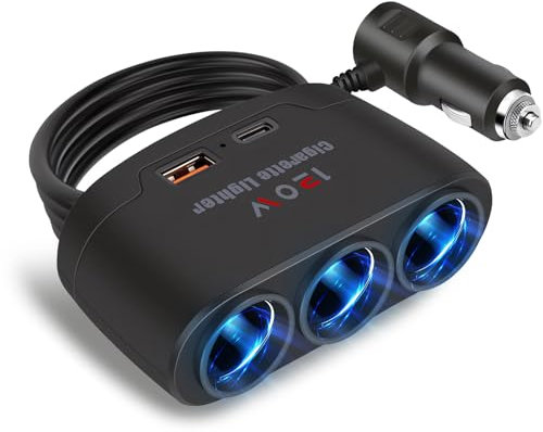 SUNNIFLY Adattatore accendisigari 5 in 1 per auto, 120 W, con 3 prese, 1 porta USB-A e 1 porta PD, adatto per auto da 12 V/24 V