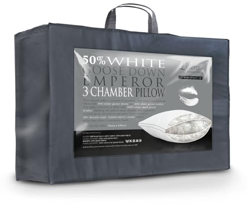 Littens Emperor Size 3 Chamber Pillow, Ultimate 50% Goose Down, Side Sleeper, Support, 280TC Cotton, Down Proof, 50cm x 100cm (20 x 40)
