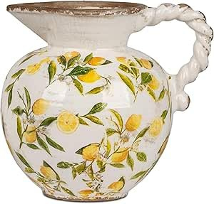Formano Krug Vase Blumenvase in Vintage-Optik 24x22cm aus Keramik mit glasierter Oberfläche und Zitronen-Dekor verziert