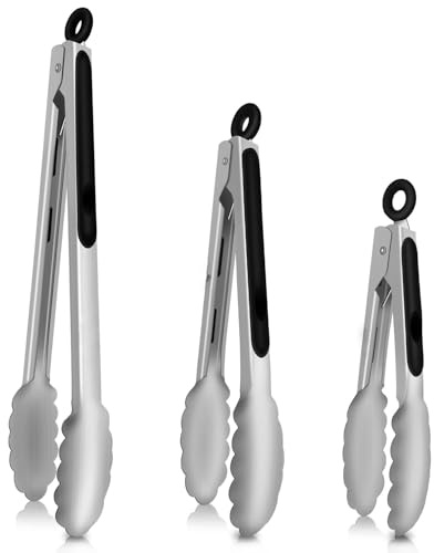 Pinze per cucinare, resistenti al calore a 600 gradi, in acciaio inox, resistenti con chiusura in metallo, perfette per alimenti, insalate e barbecue, set da 3 (17,8 cm, 22,9 cm e 30,5 cm
