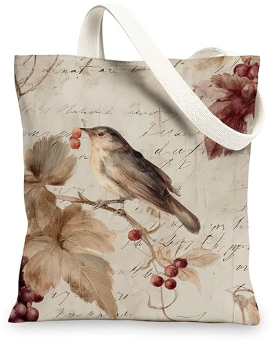 Vintage-Segeltuch-Taschen mit elegantem Blumenmuster, wiederverwendbar, leicht und waschbar, mit Schultergurt, beige, 13x15 Inch