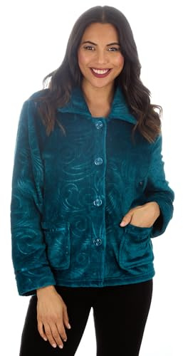 GM Apparel Ladies Fleece Bed Jacket Bath Robes – Warm Embossed Button-Up Short House Coat with Two Front Pockets, Soft Lounge & Sleepwear Cardigan (UK-14-16, Teal)