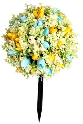 PawwJoy Estaca de jardín de flores violetas artificiales de 24 pulgadas, arbustos verdes artificiales con picos de tierra para decoración de patio al aire libre, amarillo y azul, 16 pulgadas