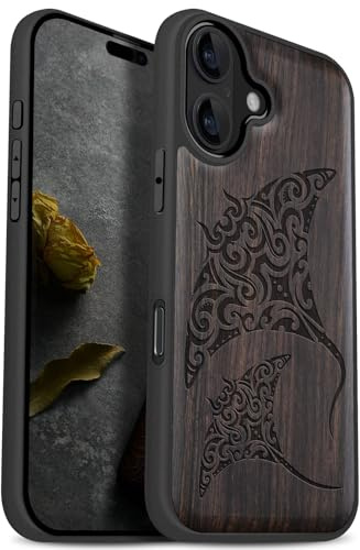 Carveit Coque pour iPhone 17 Étui Bois, (Sombre-Raies Manta) | Magnétique Case [Antichoc Pare-Chocs en TPU Souple] Étui en Bois de Téléphone Compatible Magsafe iPhone 17 Coque