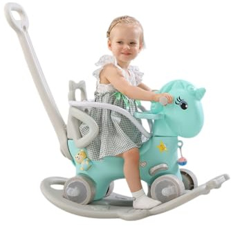 Schaukelpferd mit Schiebegriff, Kunststoff Schaukeltier in Türkis und Rosa, 87 x 88 x 42 cm, Sicherheitsgurt und Tisch, Verbreiterte Bodenplatte, Drehbarer Griff für Kinder 1-4 Jahre (Mint-Grün)