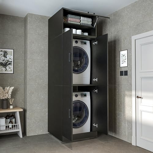 ROOMART Waschmaschinenschrank Dora für Waschmaschine & Trockner, mit Regalböden, 5 Farben wählbar (Schwarz-Eiche, Mit Aufsatzschrank: (HBT): 230 x 70 x 73,8 cm)