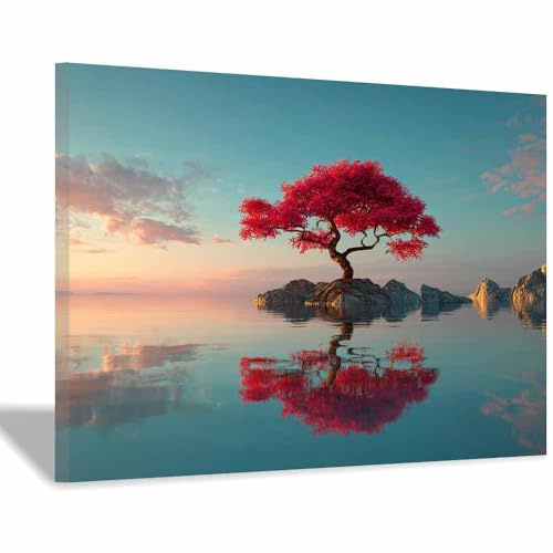 HOQIU arbre de vie decoration murale Reflet de l’eau de l’arbre rouge tableau decoration murale, toile decoration Murale, Chambre Salle De Bain Cuisine Bureau(Multicolore)-30x40cm Encadrée