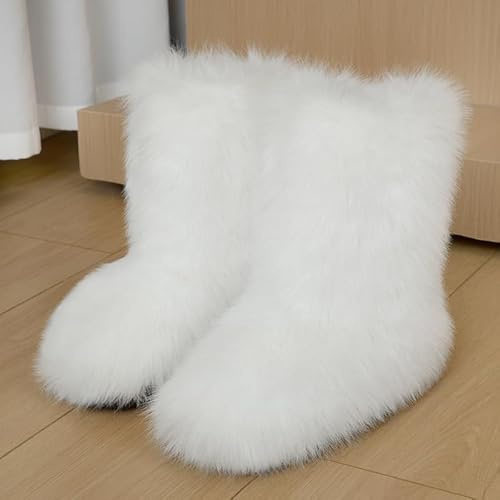 Söta fluffiga stövlar, lurviga stövlar för kvinnor, varma snöstövlar, vinterstövlar med fuskpäls white European-size-42