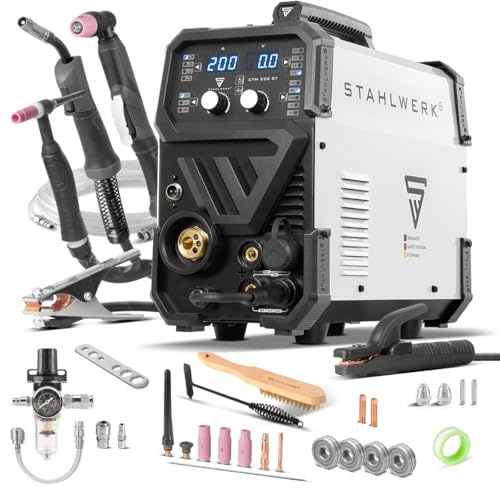 STAHLWERK Poste à souder combiné 4-en-1 CTM-250 ST – TIG, MIG/MAG, MMA (ARC), FLUX (fil fourré) jusqu'à 200 A, CUT (plasma) jusqu'à 45 A, capacité de coupe jusqu'à 14 mm, paramètres réglables, IGBT