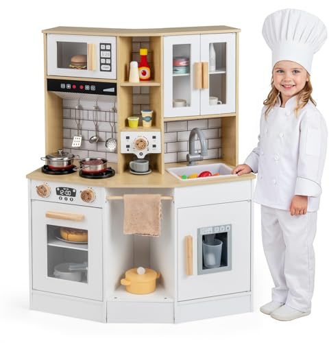 COSTWAY Cucina Giocattolo per Bambini, Cucinetta in Legno con Suoni e Luci, Fornello, Lavandino, Macchina del Caffè, Gioco Cucina di Ruolo per Bambini 3+ Anni (Naturale)
