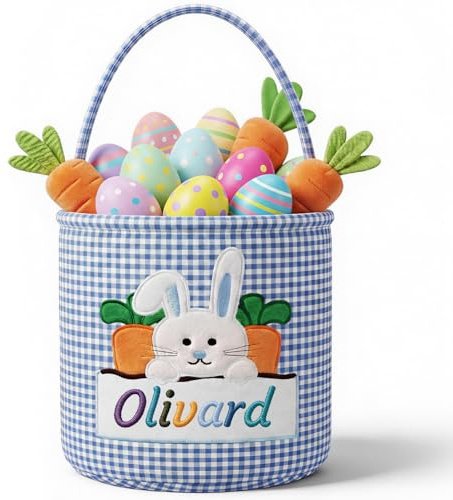 NGTSFLY Osterkorb Personalisiert, Osterkörbchen Kinder mit Bestickter Namen Ostertasche zum Befüllen Personalisierte Ostergeschenke (Blau)