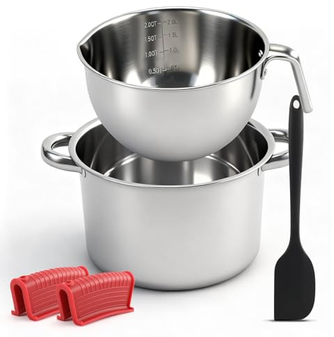 Double Boiler Pot Set 2000ML/2.1QT & 2800ML/3.0QT, 304 Stainless Steel Chocolate Melting Pot with Silicone Spatula & Heat Resistant Handle Grips for Melting Wax, Candle, Soap, Butter, Candy