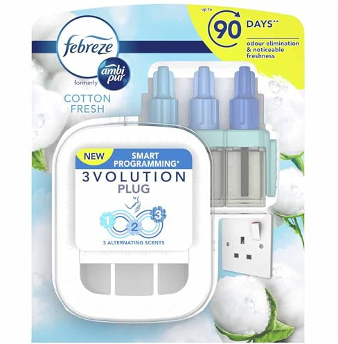 Febreze 3 Volution Smart Programming Air Freshener Plug In Starter Kit 20 ML Cotton Fresh, 3 Alternating Scents To Clean Away Odours 3 x 20 ml