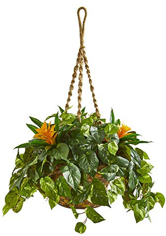 Nearly Natural 31in. Bromeliad & Pothos Artificial Plant in Hanging Basket