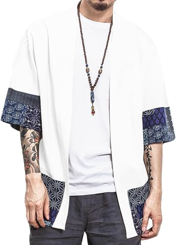 Perdontoo Kimono-skjorta för män, avslappnad. lätt linne, kortärmad cardigan med öppen framsida, Vitt, M